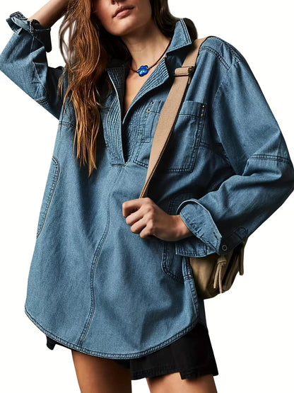 Damen-Jeanspullover, lässig, bequem, mit Knopfleiste, V-Ausschnitt, Bluse, lockere Passform, Oberteile, langärmelige Jeansjacke mit Tasche