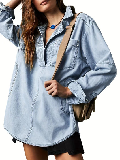 Damen-Jeanspullover, lässig, bequem, mit Knopfleiste, V-Ausschnitt, Bluse, lockere Passform, Oberteile, langärmelige Jeansjacke mit Tasche