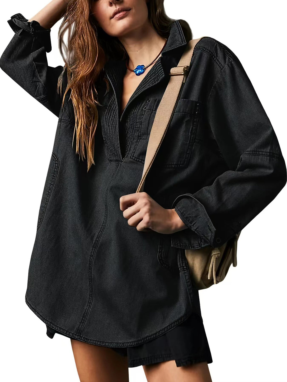 Womenswear Denim Pullover Casual Comfort Button V Neck Blouse Loose Fit Tops Longsleeves Jean Jacket With Pocket - Seldom Seen Styles