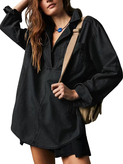 Damen-Jeanspullover, lässig, bequem, mit Knopfleiste, V-Ausschnitt, Bluse, lockere Passform, Oberteile, langärmelige Jeansjacke mit Tasche