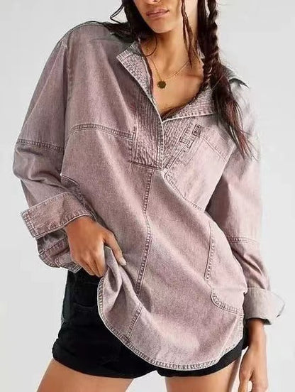 Damen-Jeanspullover, lässig, bequem, mit Knopfleiste, V-Ausschnitt, Bluse, lockere Passform, Oberteile, langärmelige Jeansjacke mit Tasche