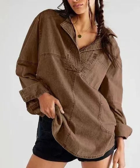 Womenswear Denim Pullover Casual Comfort Button V Neck Blouse Loose Fit Tops Longsleeves Jean Jacket With Pocket - Seldom Seen Styles