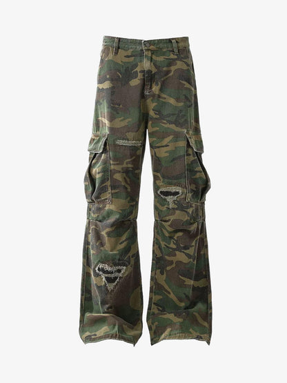 Gewebte Zerrissene Camouflage-Schlaghose mit Cargotaschen