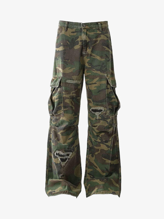 Woven Ripped Camouflage Flared Cargo Pants - Seldom Seen Styles