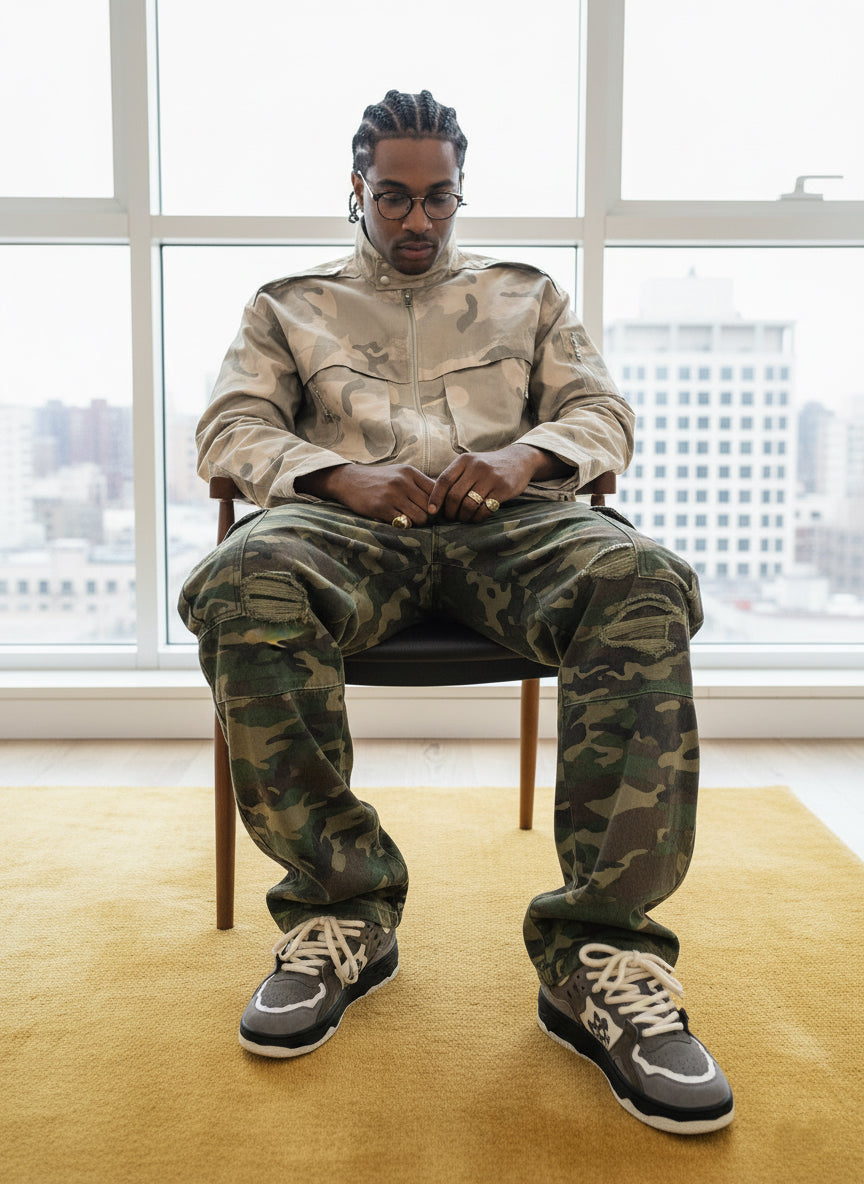 Woven Ripped Camouflage Flared Cargo Pants - Seldom Seen Styles