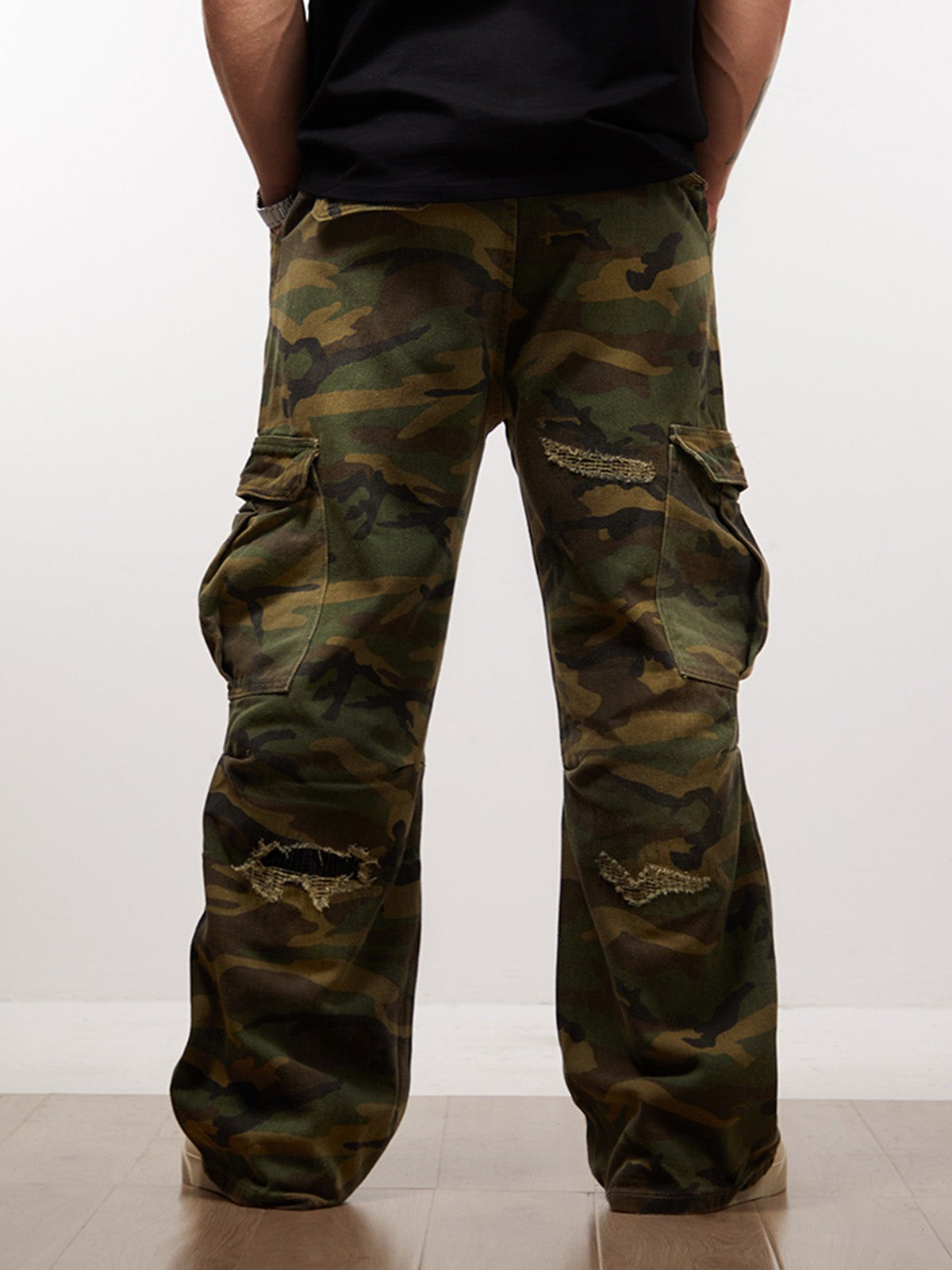 Woven Ripped Camouflage Flared Cargo Pants - Seldom Seen Styles