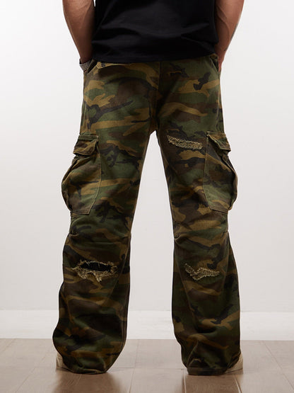 Gewebte Zerrissene Camouflage-Schlaghose mit Cargotaschen