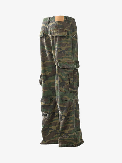 Gewebte Zerrissene Camouflage-Schlaghose mit Cargotaschen