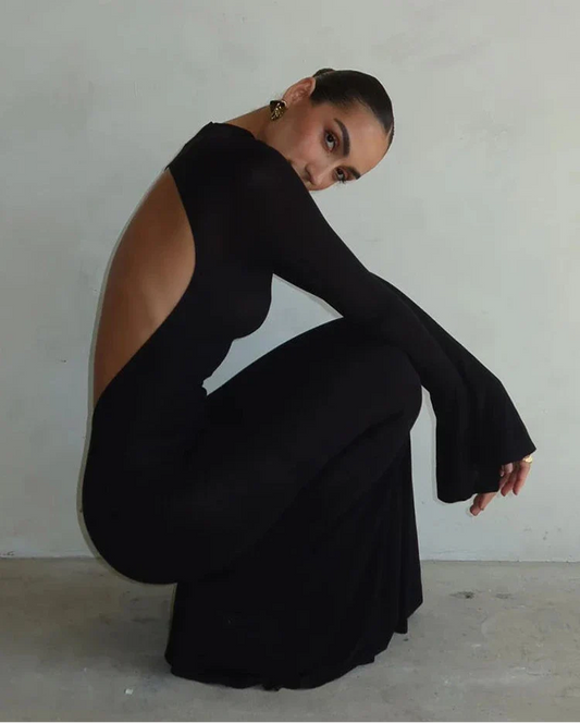 XENIA MAXI DRESS Black Backless Long-Sleeved DRESS - Seldom Seen Styles