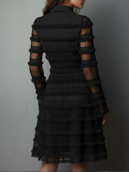 Black Fringe Textured Sheer Layered Mini Dress