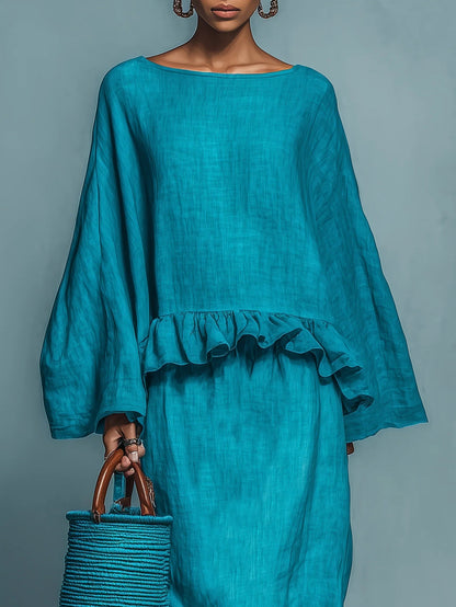 Blue Ruffled Blouse And Straight Skirt Suit