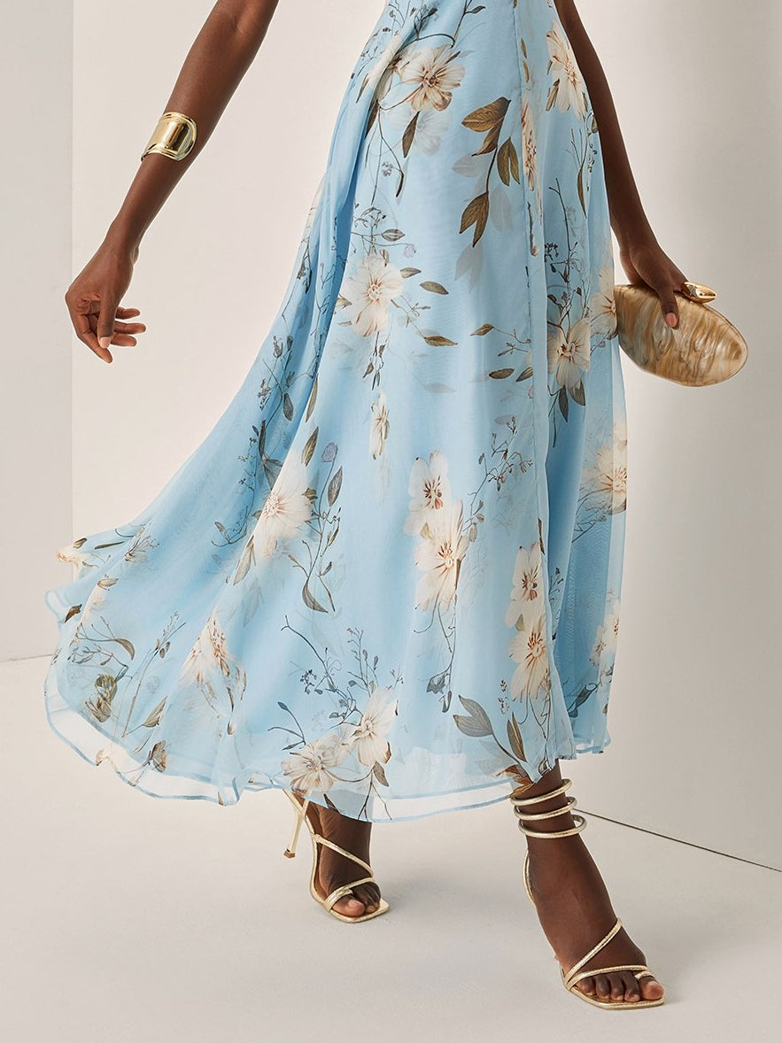Women's Floral One Shoulder Maxi Dress Pleated Chiffon Elegant Evening Dress - Seldom Seen Styles