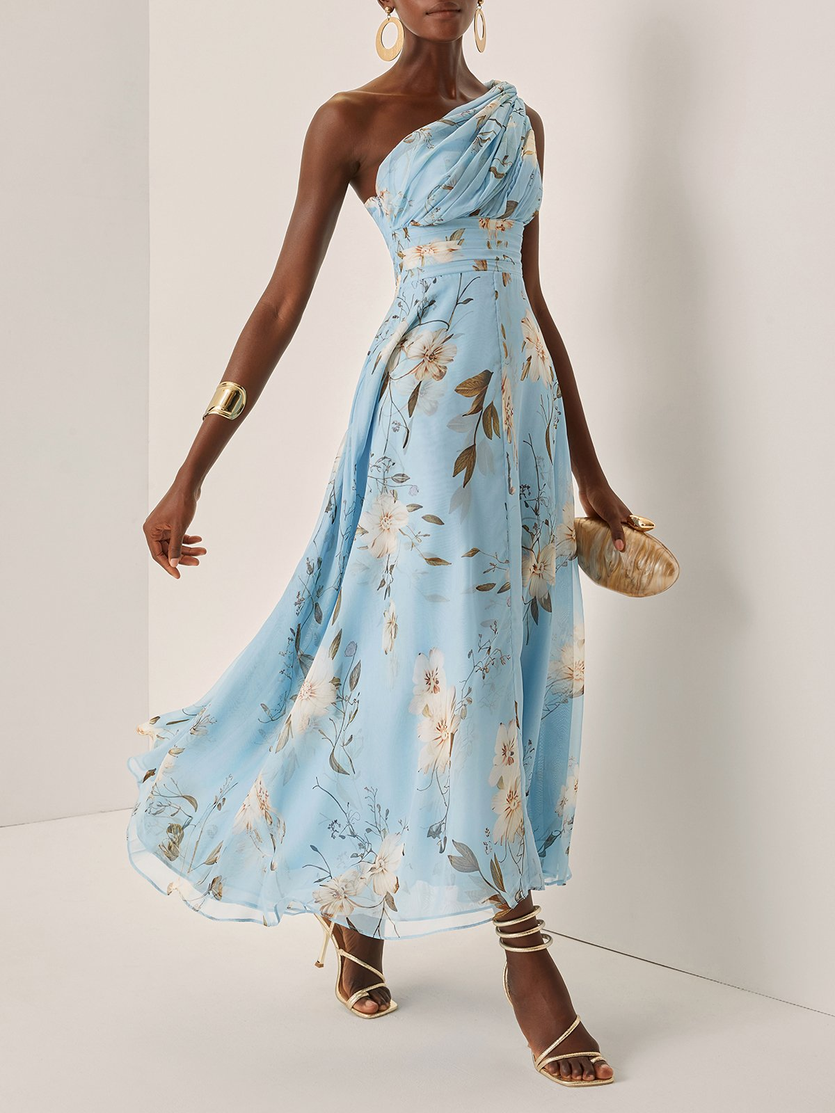 Women's Floral One Shoulder Maxi Dress Pleated Chiffon Elegant Evening Dress - Seldom Seen Styles