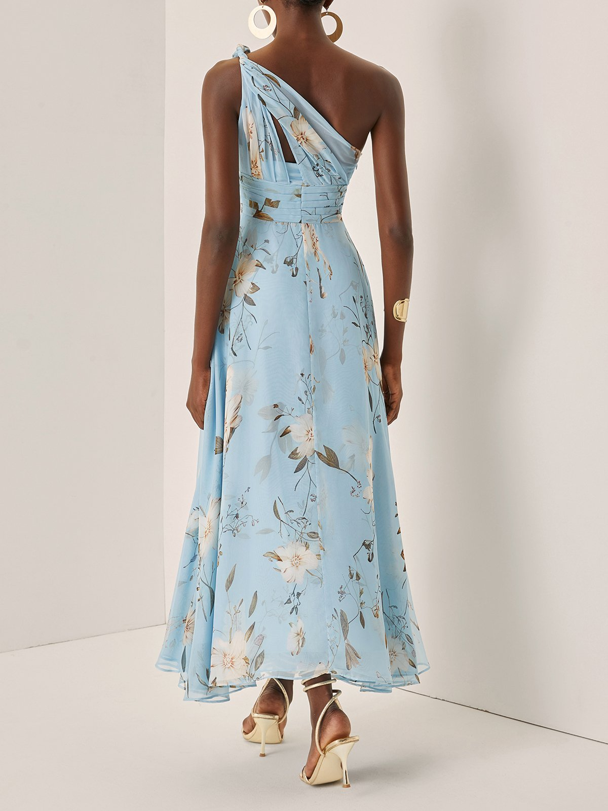 Women's Floral One Shoulder Maxi Dress Pleated Chiffon Elegant Evening Dress - Seldom Seen Styles