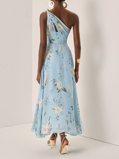 Women's Floral One Shoulder Maxi Dress Pleated Chiffon Elegant Evening Dress