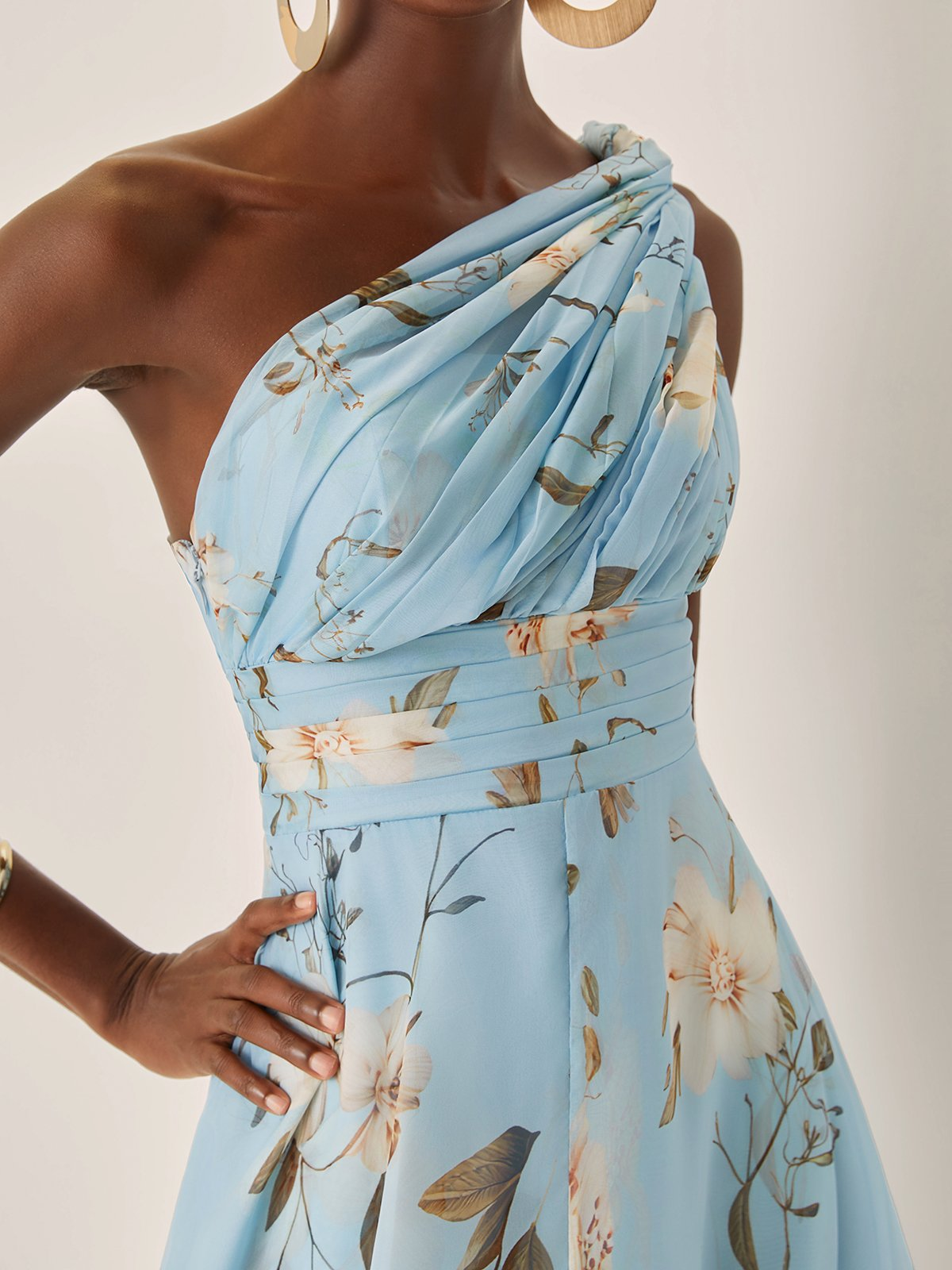 Women's Floral One Shoulder Maxi Dress Pleated Chiffon Elegant Evening Dress - Seldom Seen Styles
