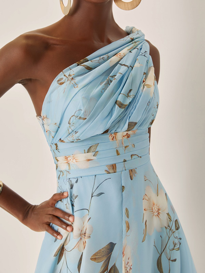 Women's Floral One Shoulder Maxi Dress Pleated Chiffon Elegant Evening Dress