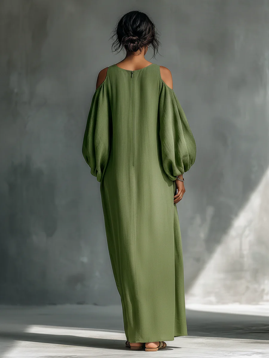 Women's Oversized Maxi Dress Cold Shoulder Puff Sleeve Loose Fit Boho Dress - Seldom Seen Styles