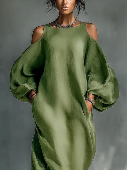 Grünes schulterfreies Oversize-Maxikleid mit Puffärmeln
