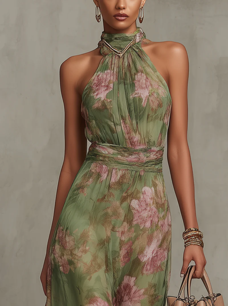 Green Floral Chiffon Halter Maxi Dress - Seldom Seen Styles