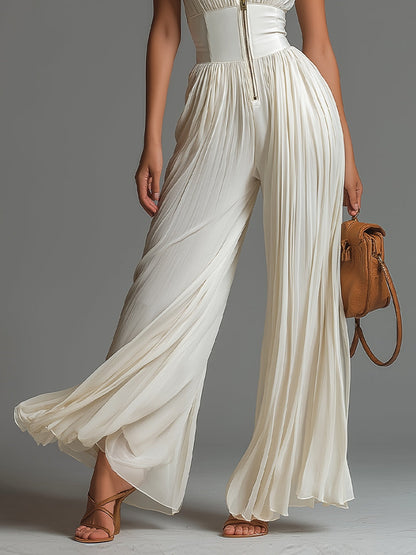 Women's Deep V Neck Sleeveless Zip Up Pleated Wide Leg Chiffon Jumpsuit Elegant Formal Wedding Guest Summer Vacation Outfit White