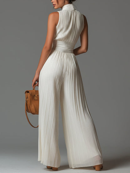 Women's Deep V Neck Sleeveless Zip Up Pleated Wide Leg Chiffon Jumpsuit Elegant Formal Wedding Guest Summer Vacation Outfit White
