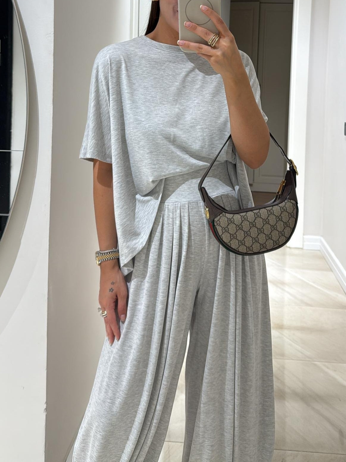 Light Grey Casual Top and Wide-leg Pants Set - Seldom Seen Styles
