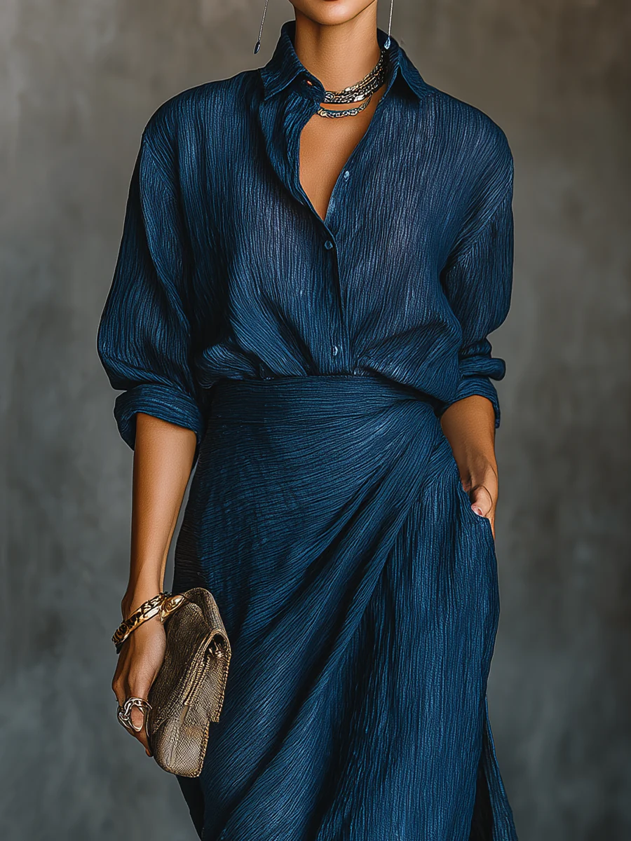 Elegant Dark Blue Cotton And Linen Blend Shirt Long Skirt Set - Seldom Seen Styles