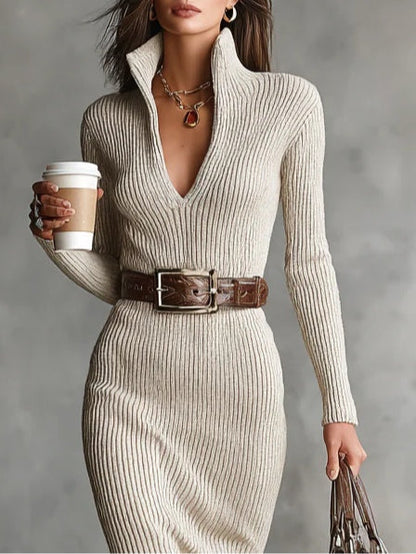 Slim Fit Half Turtleneck V-Neck Long Sleeve Knitted Belted Midi Dress（with belt）