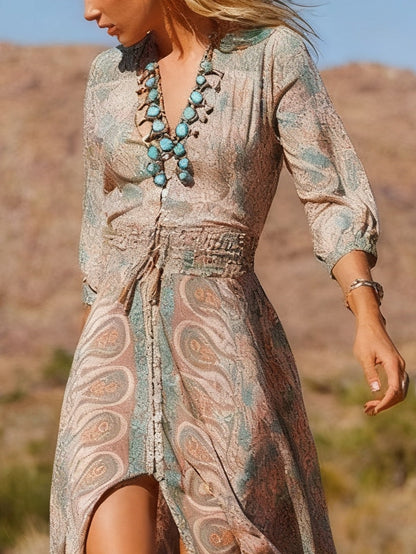 Western Style Boho Print Slit Maxi Dress