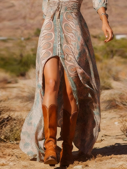Western Style Boho Print Slit Maxi Dress
