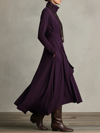 Purple High-neck Asymmetrical Pleated Maxi Dress