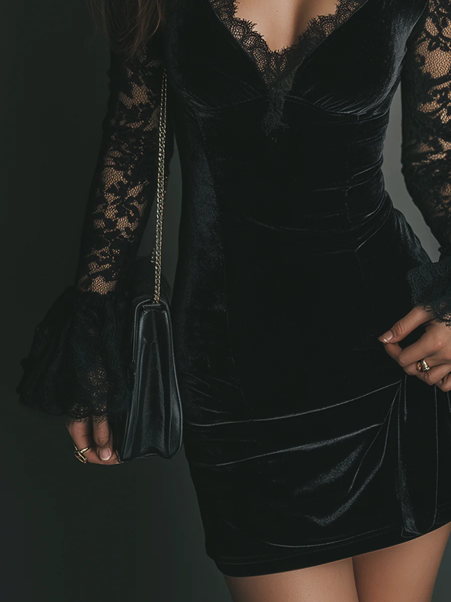 Lunor | Abito mini in velluto e pizzo Luna