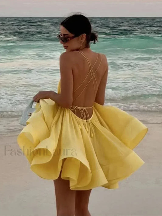 Yellow Pleated Lace-Up Mini Dress - Seldom Seen Styles