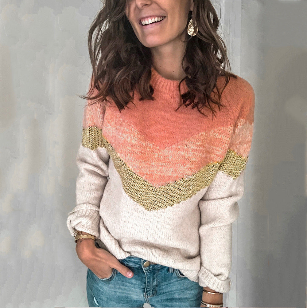 Color Contrast Patchwork Sweater Autumn  Winter New   Pullover round Neck Raglan Sleeves Sweater for Women