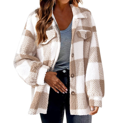 Plaid Pattern Button Front Jacket, Elegant Long Sleeve Warm Coat, Autumn and Winter, Women's Clothing