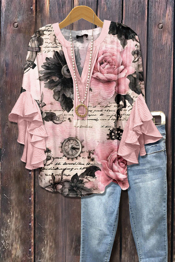 Haut à manches volantées et imprimé floral rétro pour femme, tenue vintage des années 90, chemises amusantes, élégantes et classe, jolie tenue d'été