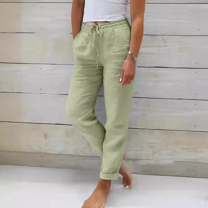 Pantalon fuselé pour femme en coton et lin avec cordon de serrage au dos et taille élastique, pantalon décontracté avec poches