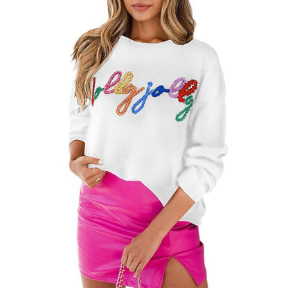 2024Autumn New Long-Sleeved Pullover for Women European and American Leisure All-Match Letters Printed Warm Thickened Sweater for Women