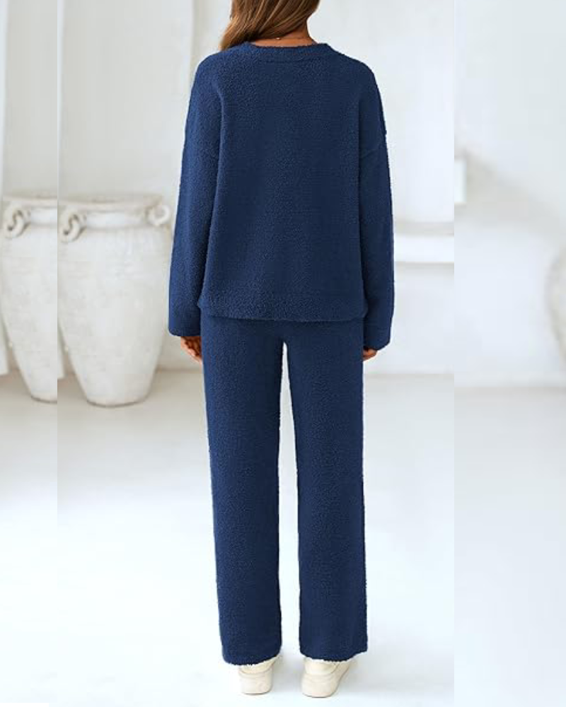 Soft Fuzzy V-Neck Loungewear Set – Cozy Two-Piece Pajama (S–3XL) - Seldom Seen Styles