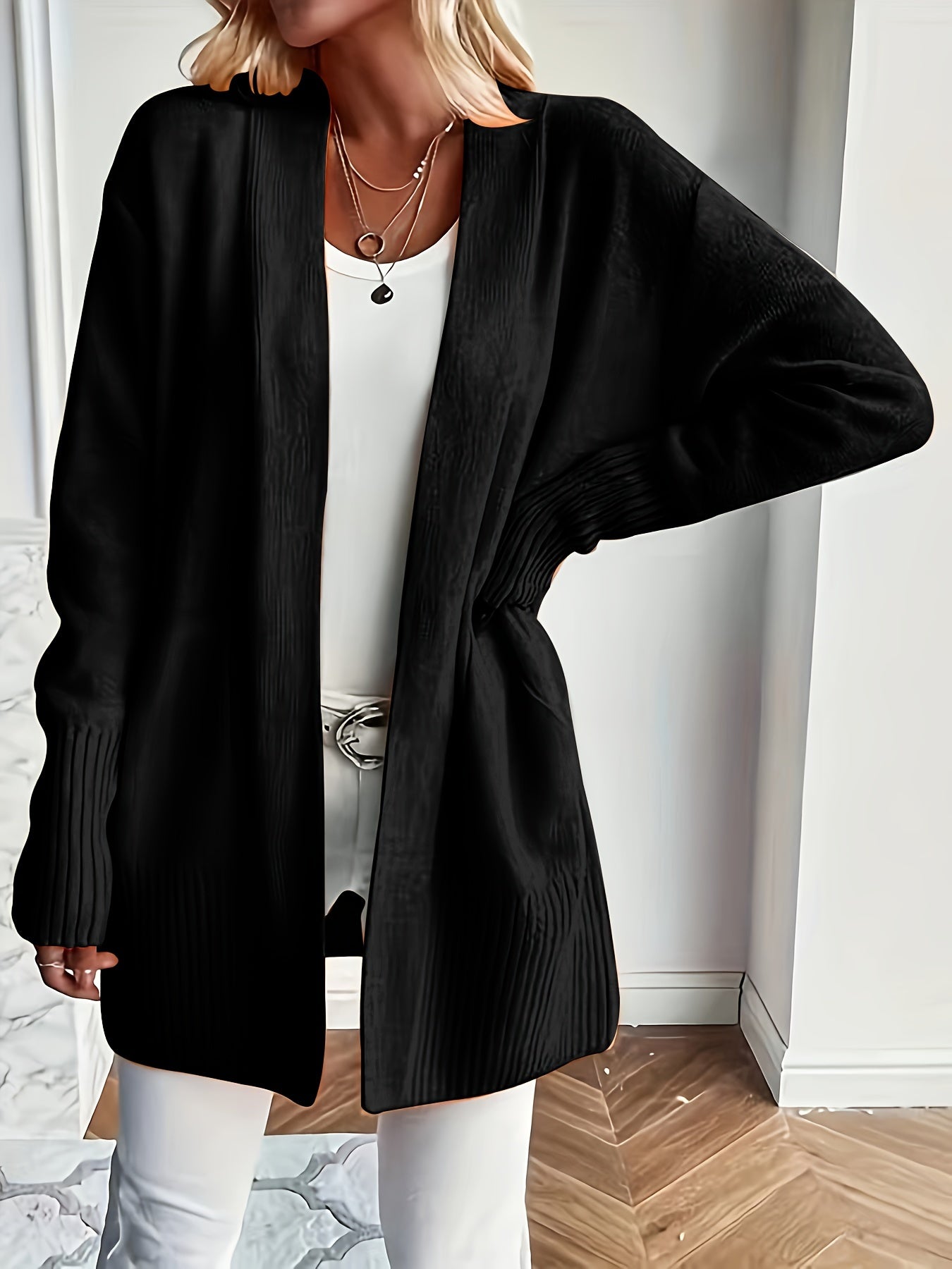 Chic Long Sleeve Knit Cardigan - Cozy Pockets & Open Front - Versatile for Casual Wear, Women's Apparel