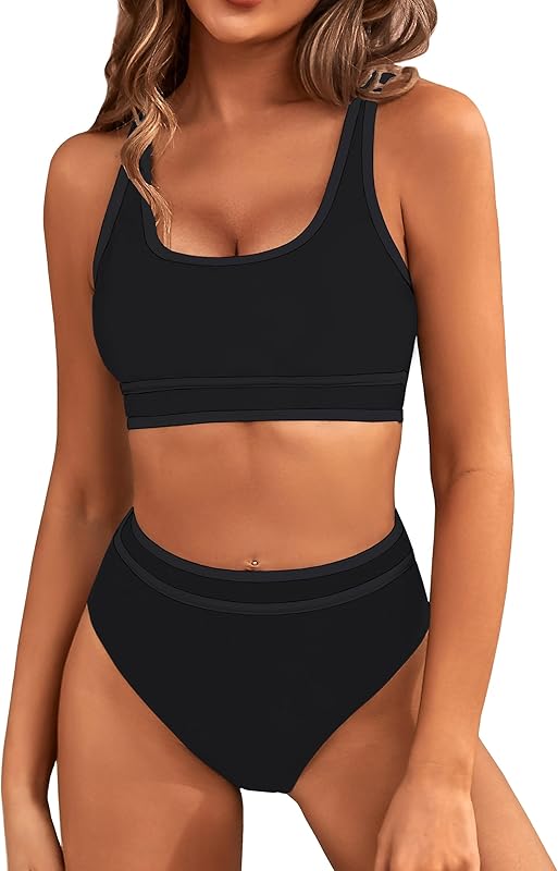 Women's High Waisted Bikini Sets Sporty Two Piece Swimsuits Color Block Cheeky High Cut Bathing Suits - Seldom Seen Styles