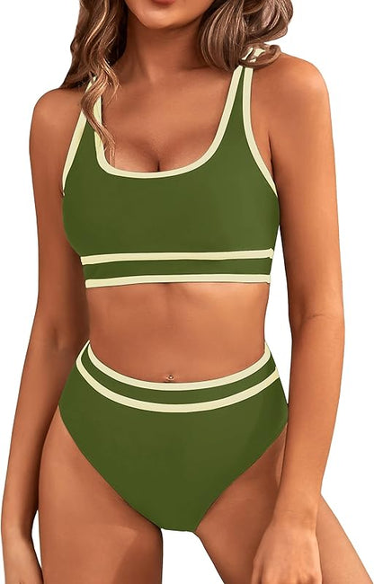 Women's High Waisted Bikini Sets Sporty Two Piece Swimsuits Color Block Cheeky High Cut Bathing Suits - Seldom Seen Styles