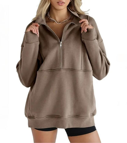 Damen-Sweatshirts mit halbem Reißverschluss, Fleece, Stehkragen, lange Ärmel, Daumenloch, übergroße Pullover mit Taschen