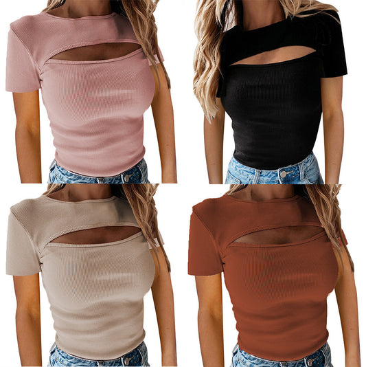 2024wish Sexy Chest Hollow out Short Sleeve Ribbed Top Women's Fashion Sexy Push-up Cross-Border Foreign Trade Amazon