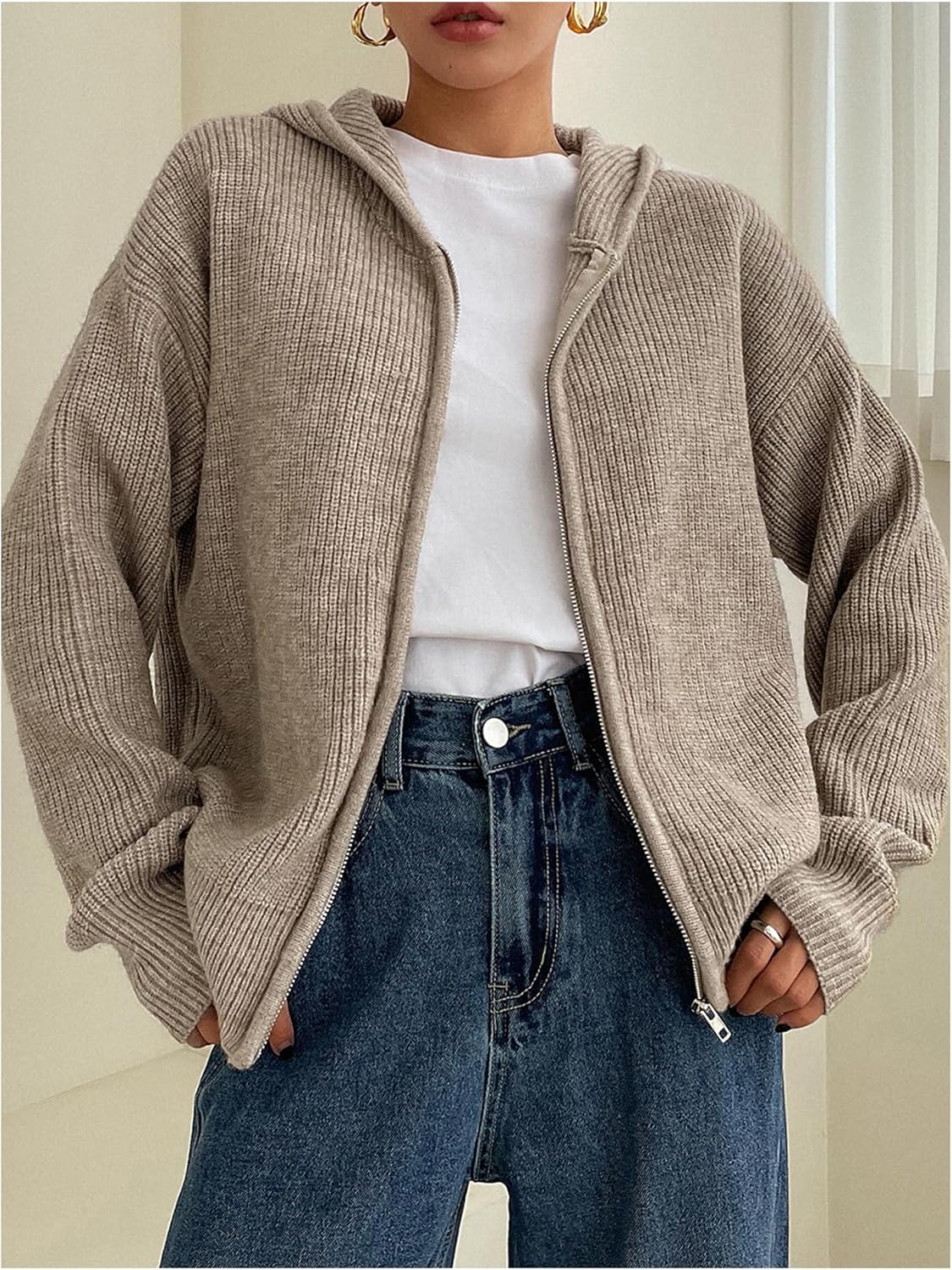 Women's Zip Up Hooded Cardigan Sweater Knitted Drop Shoulder Fall Hoodies Outerwear - Seldom Seen Styles