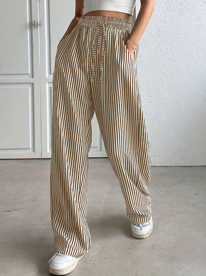 Pantalon pour femme, taille élastique, motif floral, léger, style palazzo, décontracté, jambes larges
