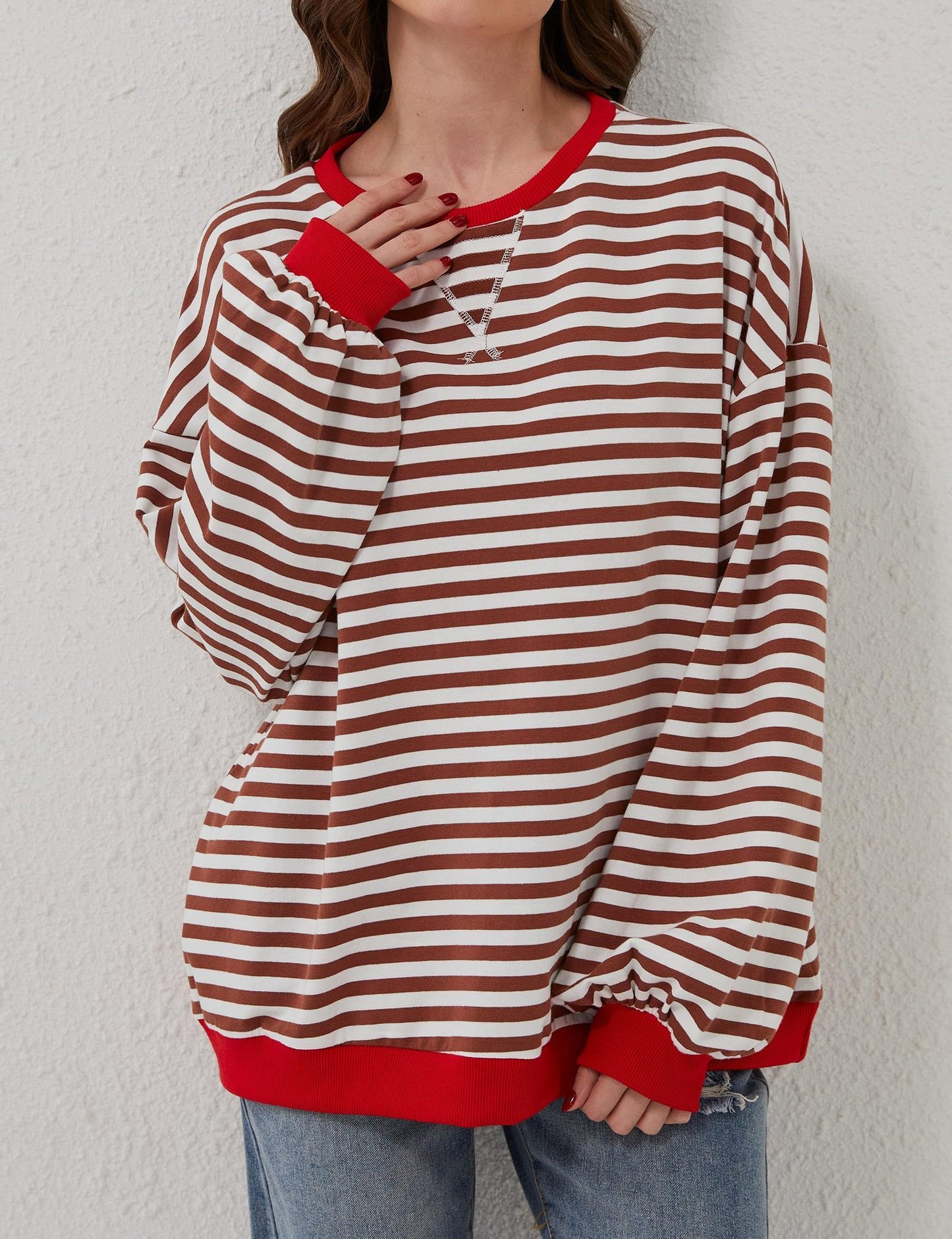 Womens Striped Oversized Sweatshirt Color Block Crew Neck Long Sleeve Casual Loose Pullover Top Y2K Clothes