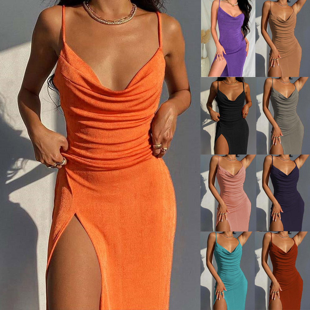 Sexy Glossy Knitted Slit Sling Dress Fashion Women's Wear Spring New Elegant