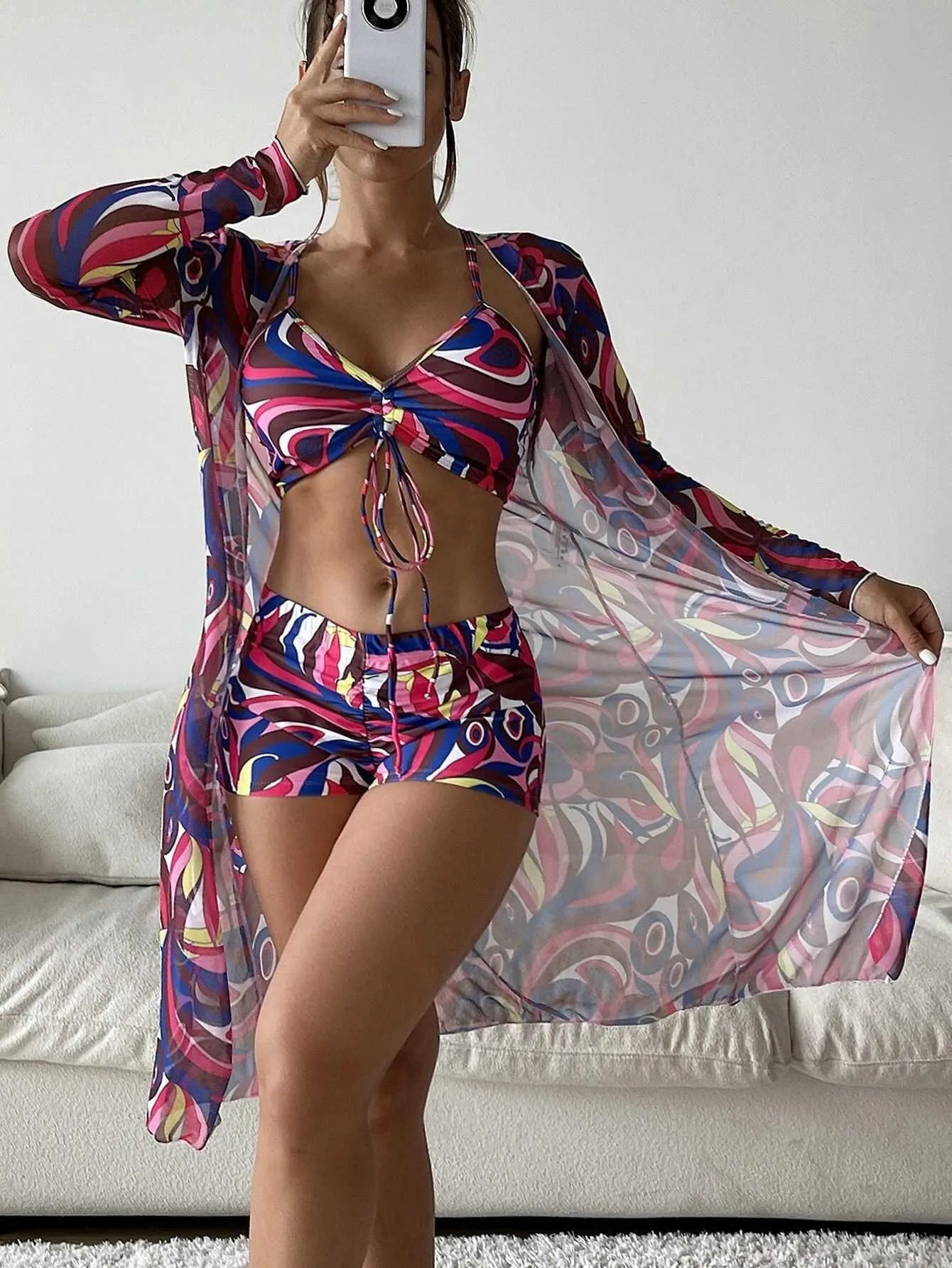 2023 Swimsuit Women's Designers Bikini Split Three Piece Set Cover Up High Waist Long Sleeve Ins Overshirt Drawstring Beach Bikinis Swimwear - Seldom Seen Styles